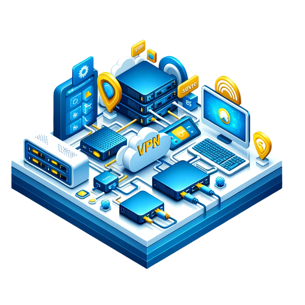 DALL·E 2024-05-28 16.55.57 - Isometric image representing VPN hardware and software in IT Consulting and Services in 2024. The image should include elements such as VPN servers, r-Photoroom